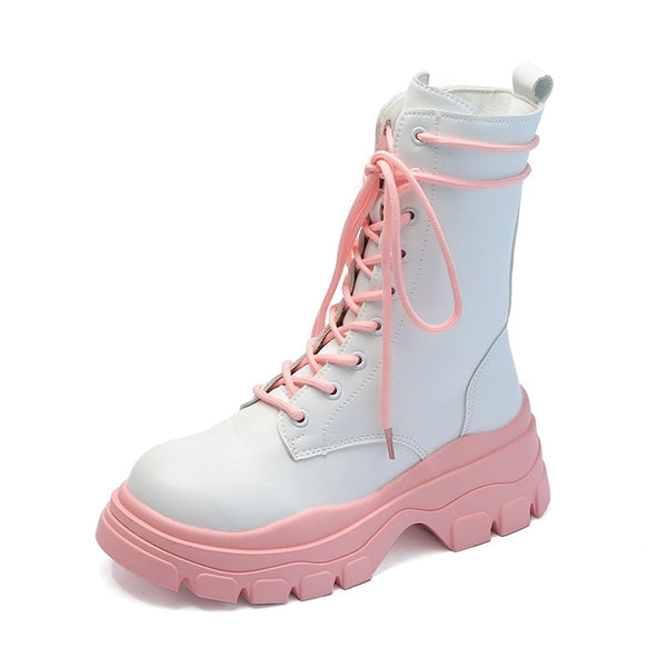 Pink and white wing combat boots best sale