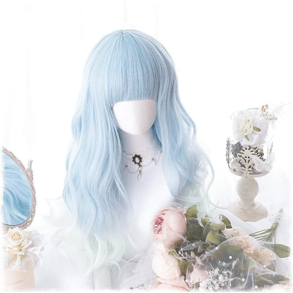 thumbnail image 2 of Light Blue Wavy Long Curly Women Lady Cosplay Party Anime Hair Wig Wigs +Wig Cap 2 of 13