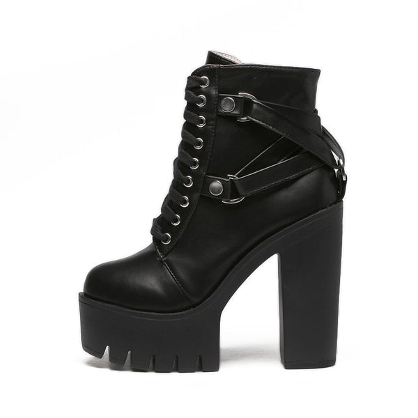 Belted Combat Boots Motorcycle Chunky Heels Biker Booties Kawaii Babe