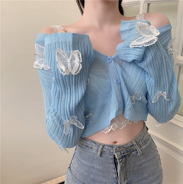 Kawaii Butterfly Sky Knitted Blue Cardigan Crop Top | Kawaii Babe