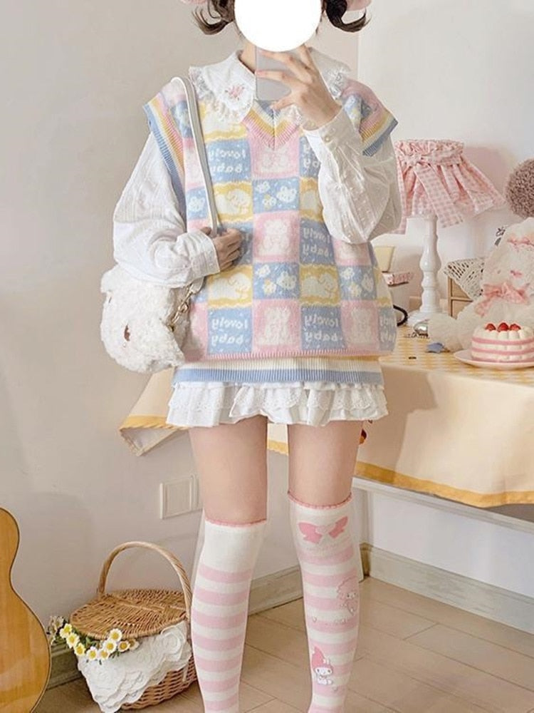 Checkered bear knit vest - fairy-kei - kawaii - knit top - knitwear - plaid