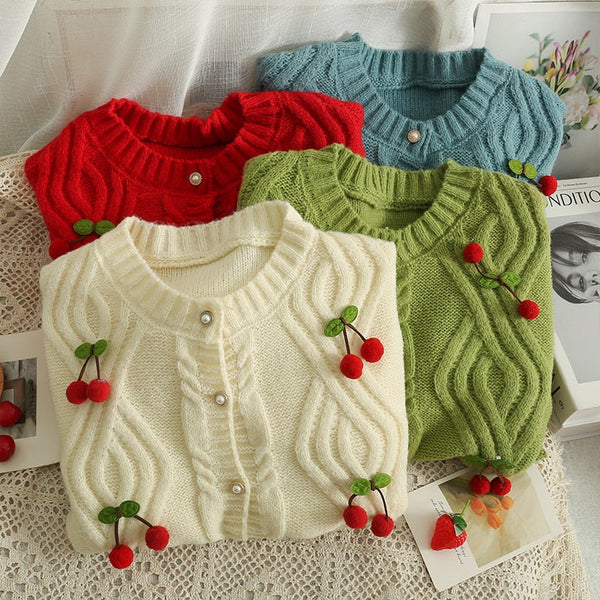 Kawaii Cherry Knitted Crop Top Cardigan Sweater | Kawaii Babe