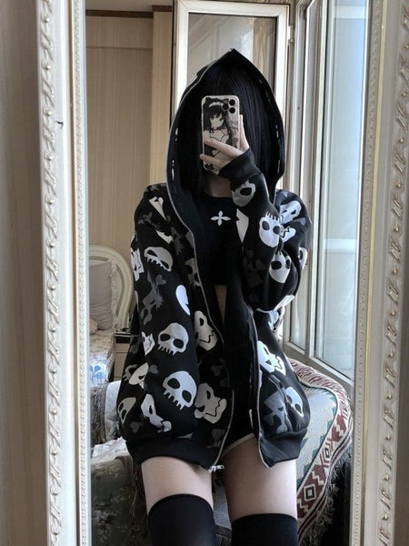 Cozy Black Gothic Skull Zip Up Oversized Hoodie Sweater | Kawaii Babe