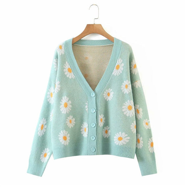 GETADME Lamtrip Kawaii Colorful Wheat Flowers Print Sweet V-Neck Cardigan Knitted Sweater