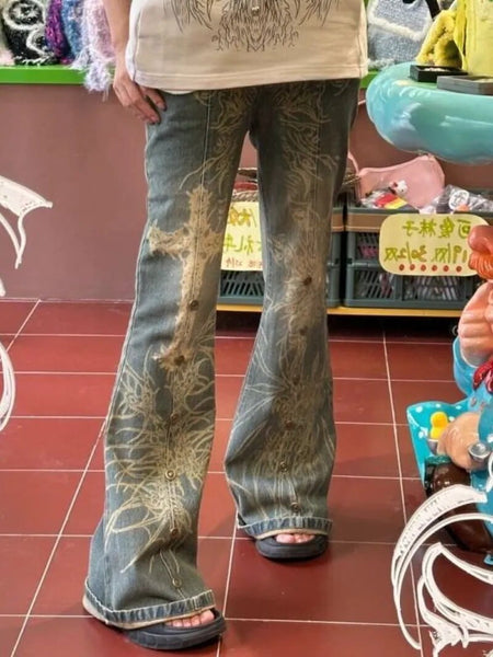 Distressed Y2K Grunge Flare Jeans | Graphic Bell Bottom Denim