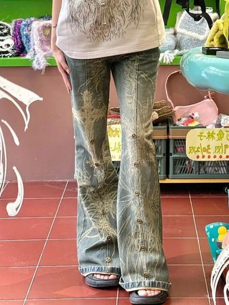 Distressed Y2K Grunge Flare Jeans | Graphic Bell Bottom Denim 