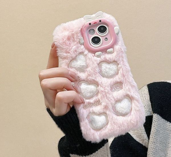 Fuzzy Heart Imprinted & Embroidered iPhone Case | Kawaii Babe