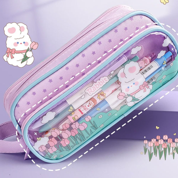 Upxiang Kawaii Pencil Case Clear Large Pencil Case Cute Bear Rabbit