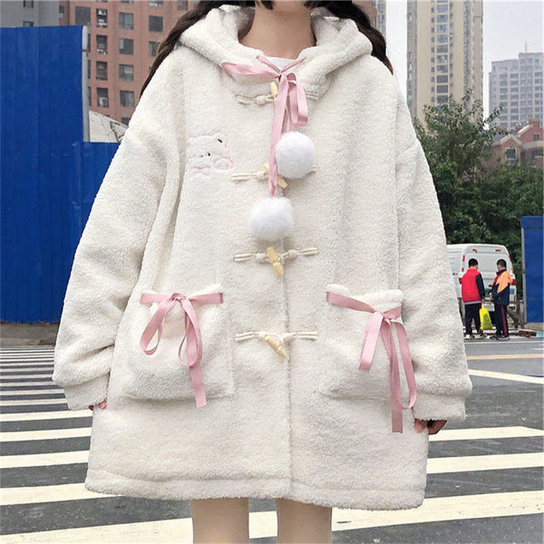 Kawaii Fuzzy Bear Pink or White Jacket Winter Coat Pom Poms