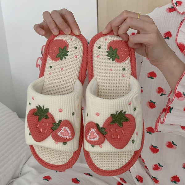 Knit strawberry slides - embroidery - fuzzy slippers - slides - strawberries