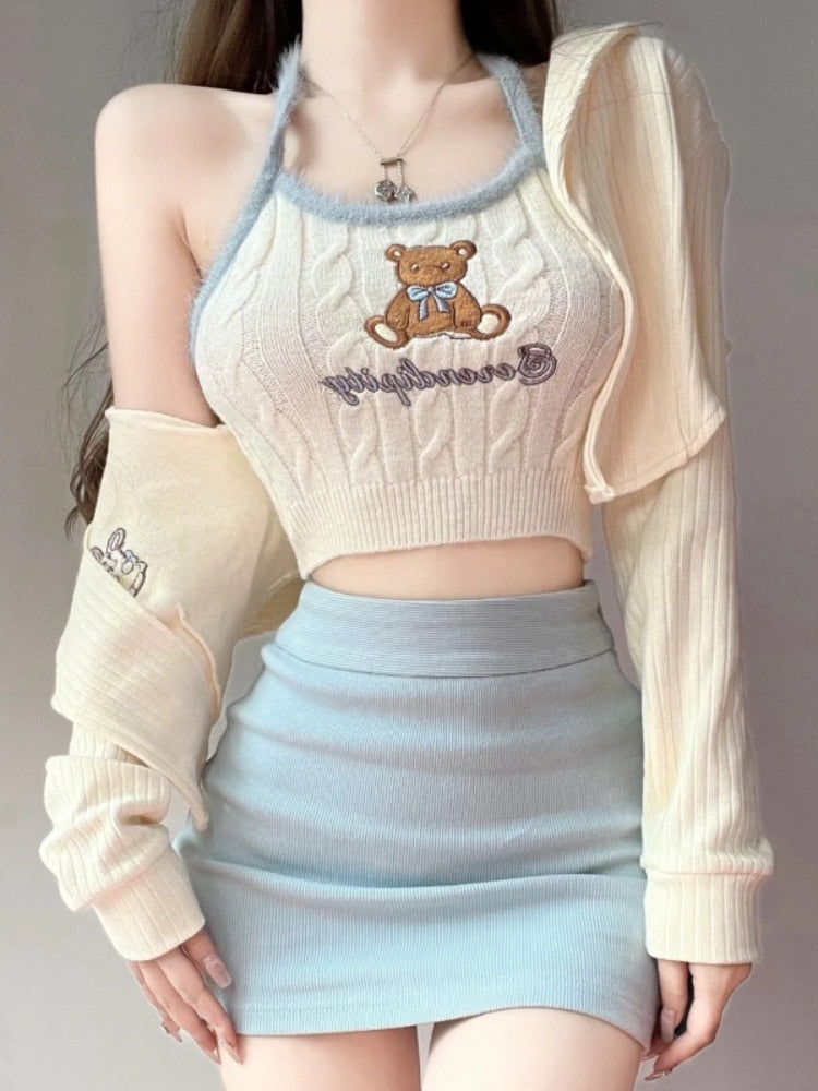 Knit Teddy Crop Top - crochet, embroidered, embroidery, knit, knit top Kawaii Babe