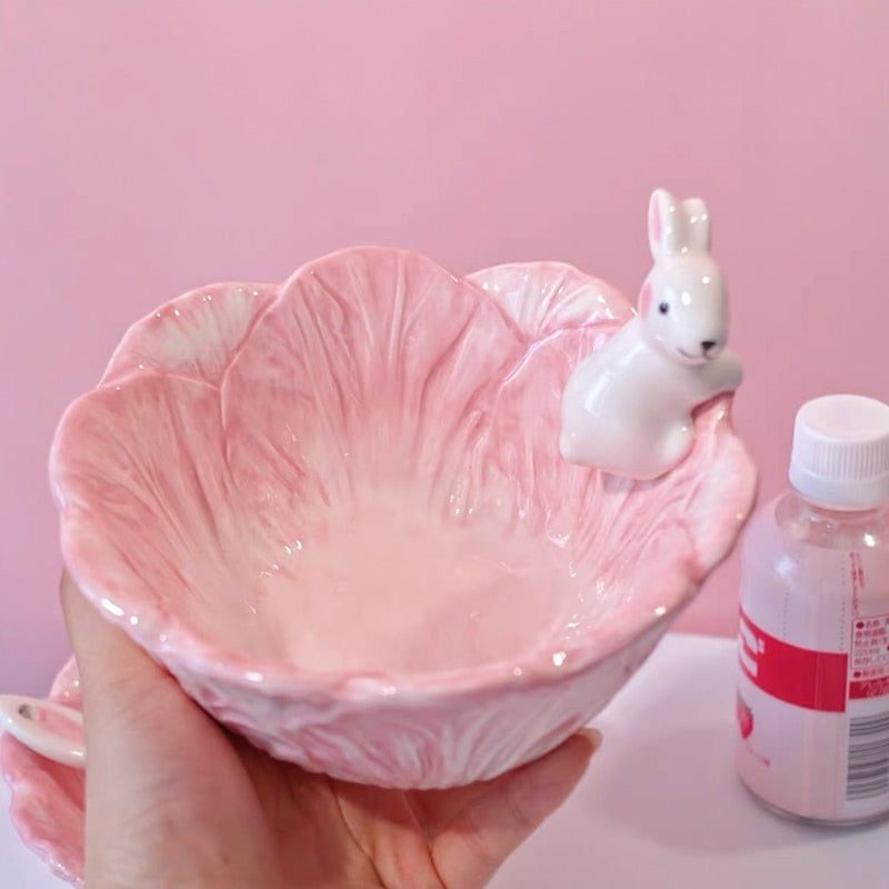 Pink Bunny Bowl & Spoon - bowl, bunnies, bunny rabbit, ceramic, dinner Kawaii Babe