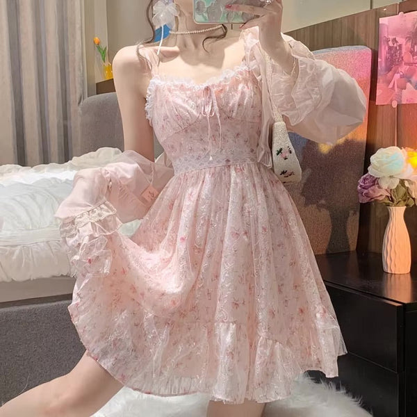 Pink Lace Floral Whimsy Dress and Cardigan 2-piece Set | Kawaii Babe Pink Lace Floral Whimsy Dress and Cardigan 2-piece Set | Kawaii Babe