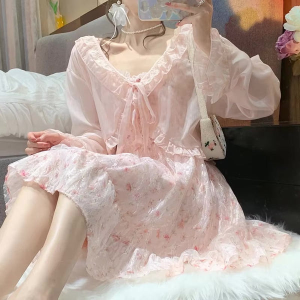 Pink Lace Floral Whimsy Dress and Cardigan 2-piece Set | Kawaii Babe Pink Lace Floral Whimsy Dress and Cardigan 2-piece Set | Kawaii Babe