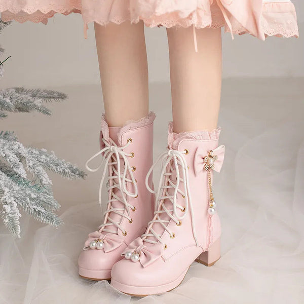 Pink Bows Pretty Pearl Princess Booties Chunky Heels | Kawaii Babe