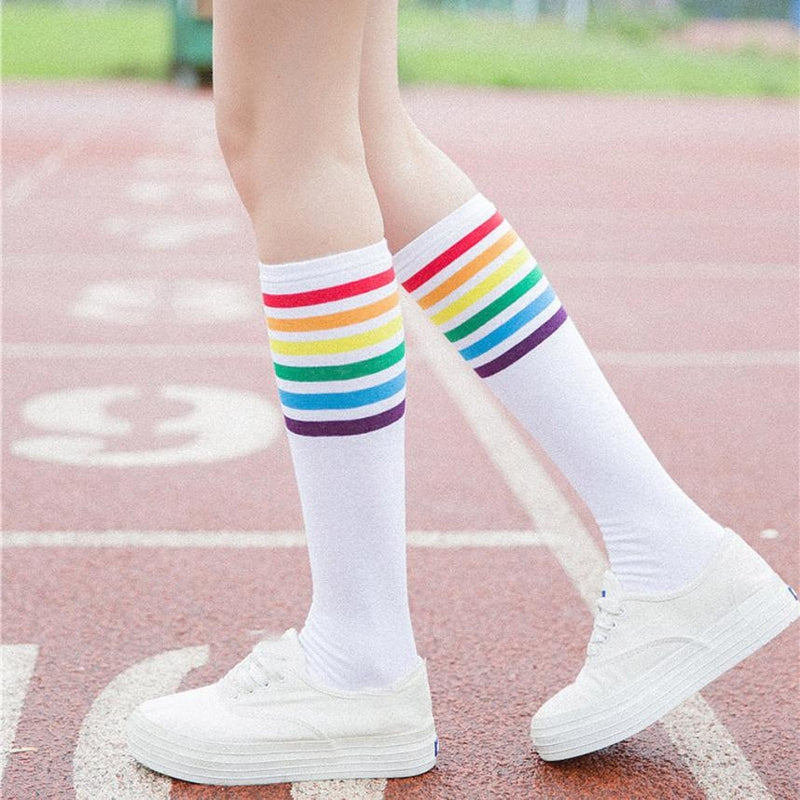 white rainbow stripe knee socks sweat socks gay pride parade harajuku japan fashion by kawaii babe