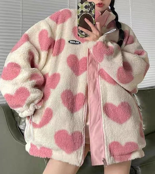 Plush Reversible Lovecore Hearts Jacket Outerwear | Kawaii Babe