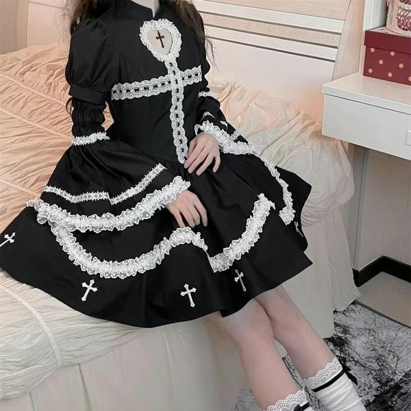 The Sinning Maid Dress Flared Sleeves Lace Embroidery