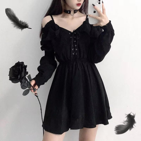 Off-Shoulder Black Ruffled Lace-Up Slouchy Goth Dress