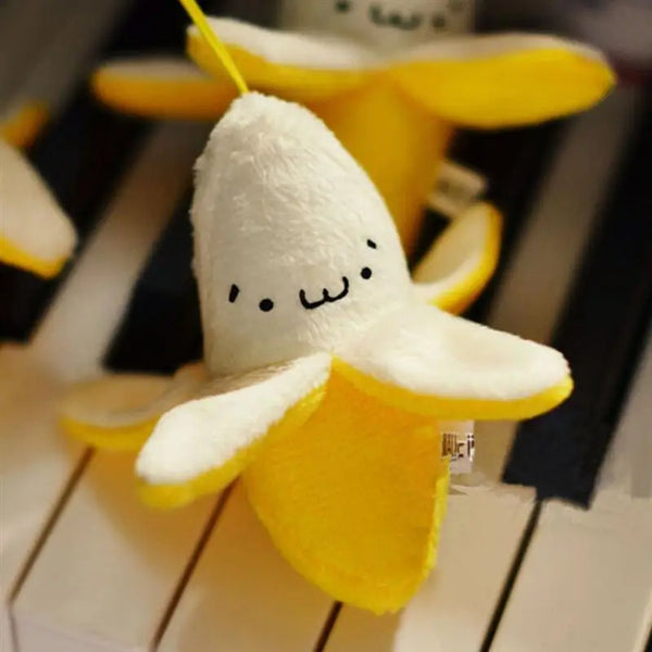 Smiling Banana Plush Bag Charm with Yellow Peel and Hanging Loop
