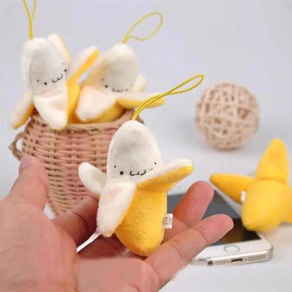 Smiling Banana Plush Bag Charm with Yellow Peel and Hanging Loop