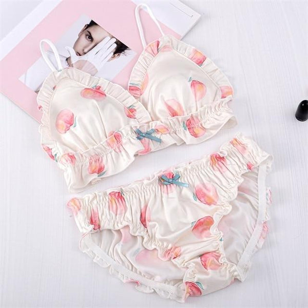 Sweet Peach Lingerie Set Ruffled White Fruit Kawaii Flower / M (A or B Cup)