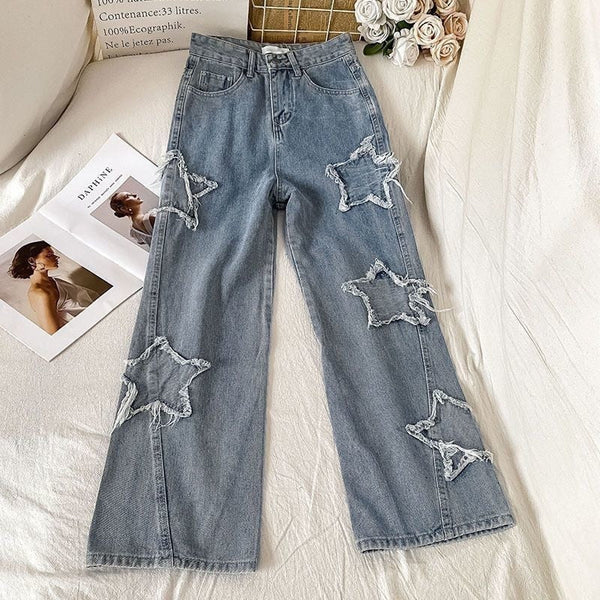 Tattered & Frayed Star Patchwork Y2K Denim Blue Jeans – Kawaii Babe