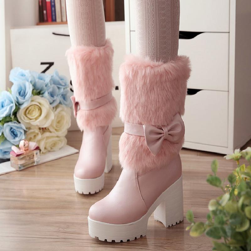 Furry Pink Bow Boots