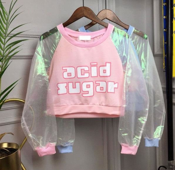 acid sugar holographic crop top cropped sweater short rainbow reflective fairy kei pastel psychedelic harajuku fashion by kawaii babe