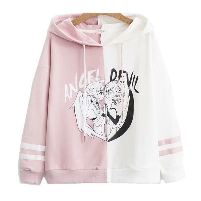 Angel vs Devil Hoodie - Pink & White / L - sweater