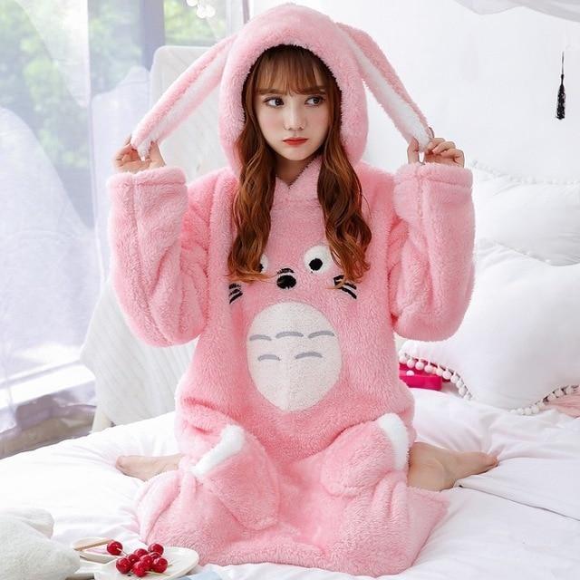 Fuzzy Totoro Nightgown - Totoro Pink Hooded / M - pajamas