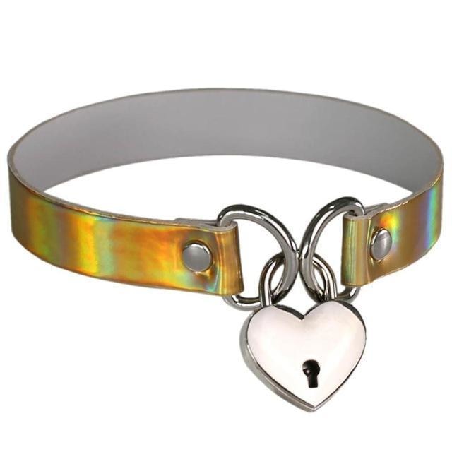 Sexy Holographic Shiny Choker Necklace BDSM Bondage Gag Heart Locket & Key