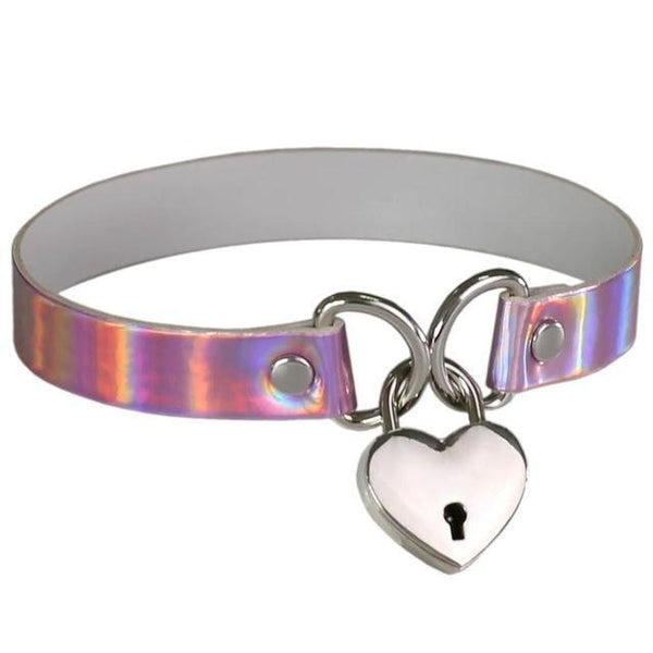 Sexy Holographic Shiny Choker Necklace BDSM Bondage Gag Heart Locket & Key
