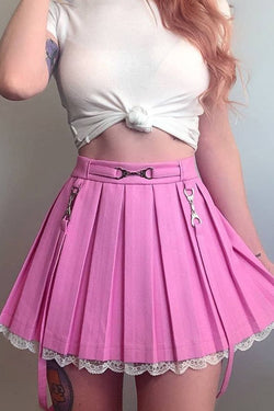 Lace Hemmed Pleated Skirt - Pink / M - belted, lace trim, pink skirt, pleated skirts