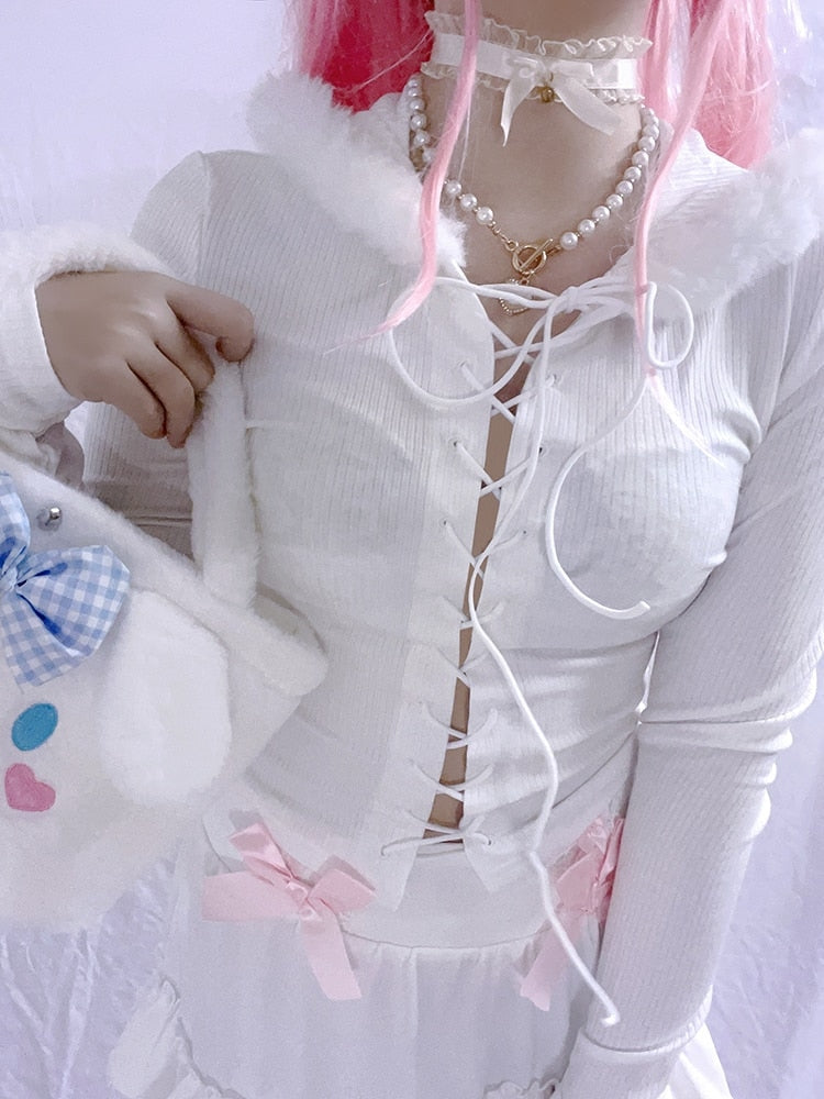 Lace Up Fur Hooded Cardigan - coquette, dollette, fae, faecore, fairycore Kawaii Babe