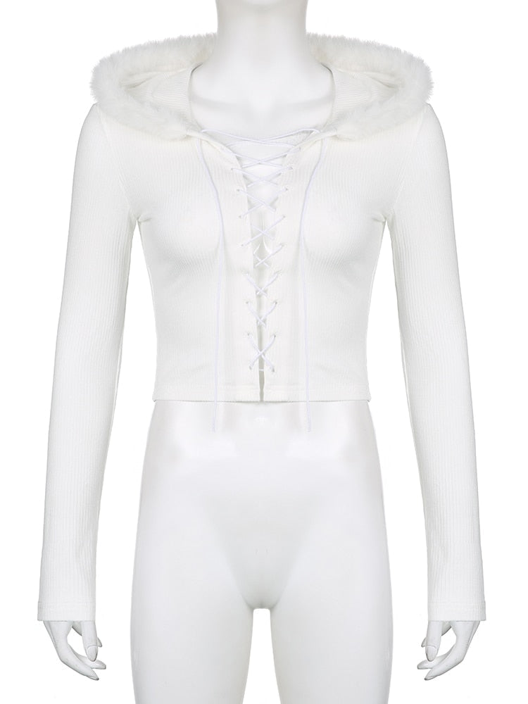 Lace Up Fur Hooded Cardigan - coquette, dollette, fae, faecore, fairycore Kawaii Babe