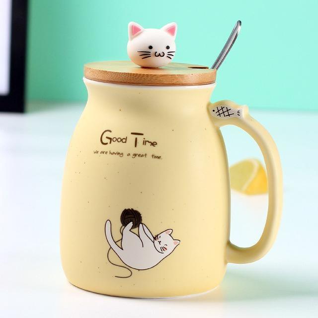 Kawaii Yellow Kitty Cat Kitten Coffee Cup Mug Creamer Jar Can With Lid 