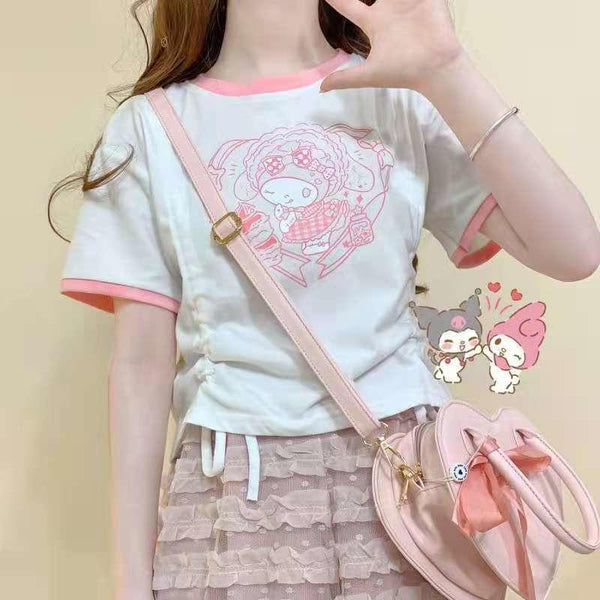 Pink White Kuromi Melody Cropped T-Shirt Top Kawaii | Kawaii Babe Kuromi / XXXL