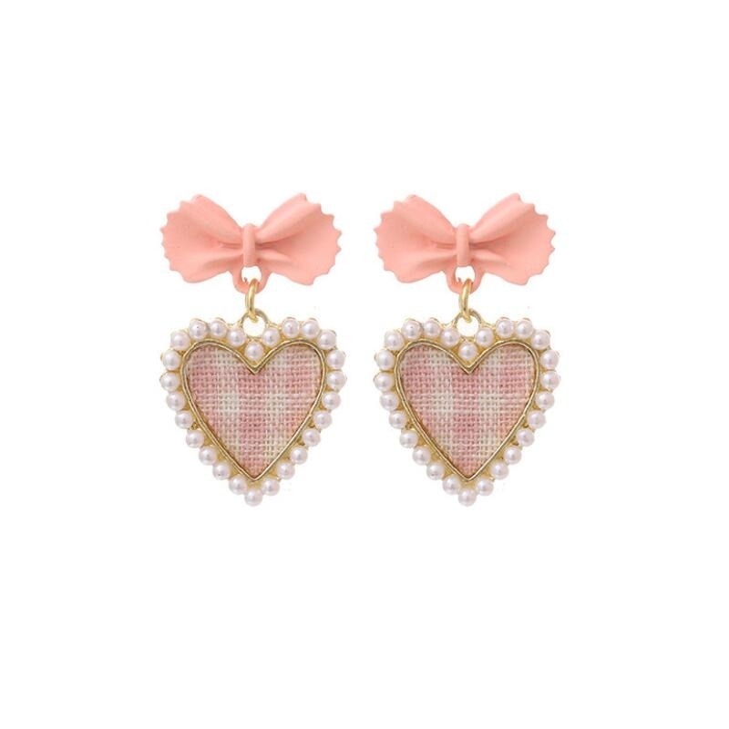 Plaid Heart Drop Earrings - Pink - earrings