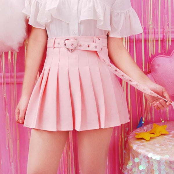 Pink Pleated School Girl Skirt Kawaii Cute Fashion Harajuku Heart Buckle Belt