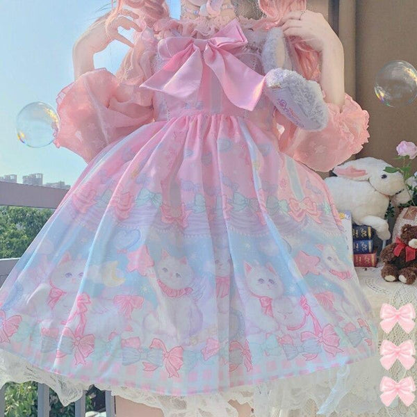 Pastel Kitten Print Dress with Chiffon Bow and Ruffled Lace Details Pink Dress