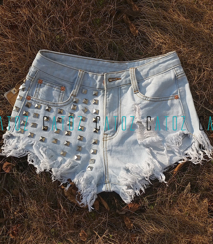 studded high waisted jean shorts denim distressed rivets edgy punk rock light blue by kawaii babe