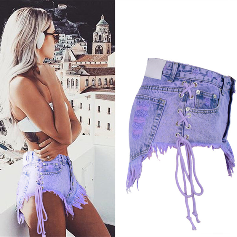 purple stone wash high waisted purple short shorts denim jean button up laces frayed distressed kawaii babe