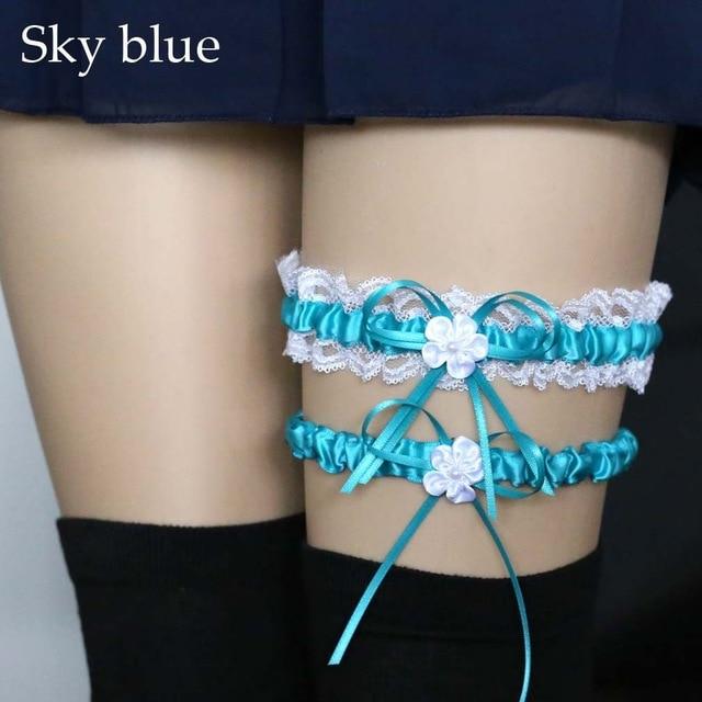 Ruffled Teal Blue Wedding Elastic Garter Belt Leg Ring Harness Flowers