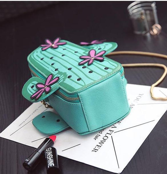 3D Cactus Plant Handbag Purse Shoulder Bag Gold Chain