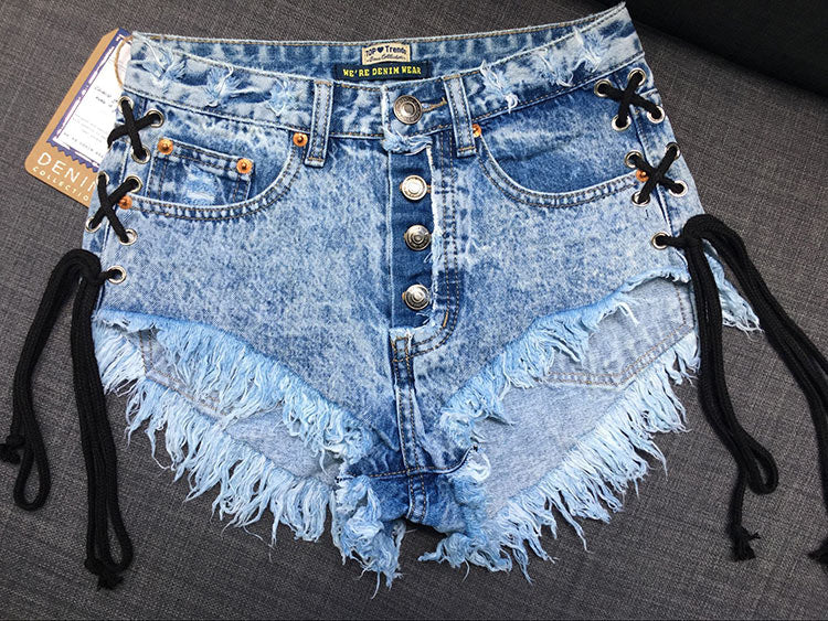 jean denim lace up shorts corset style high waisted acid wash punk rock edgy sexy distressed jeans by kawaii babe
