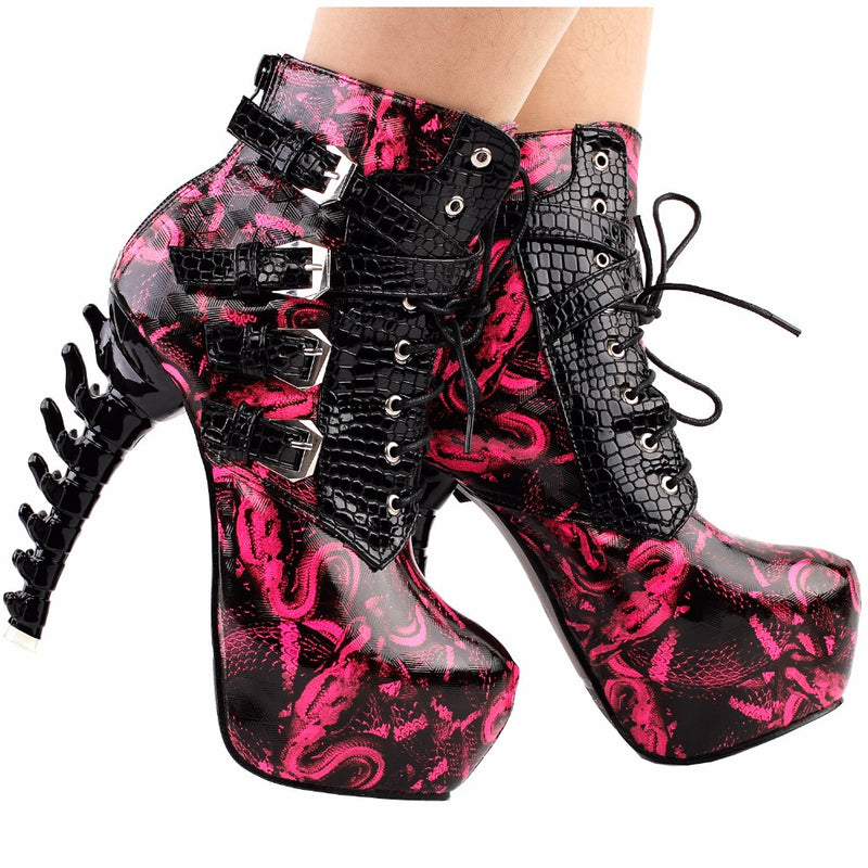 edgy punk rock snake skin ankle booties gothic fashion boots 3d spinal cord heels snakeskin vegan leather strappy lace up buckle shoes streetwear by kawaii babe