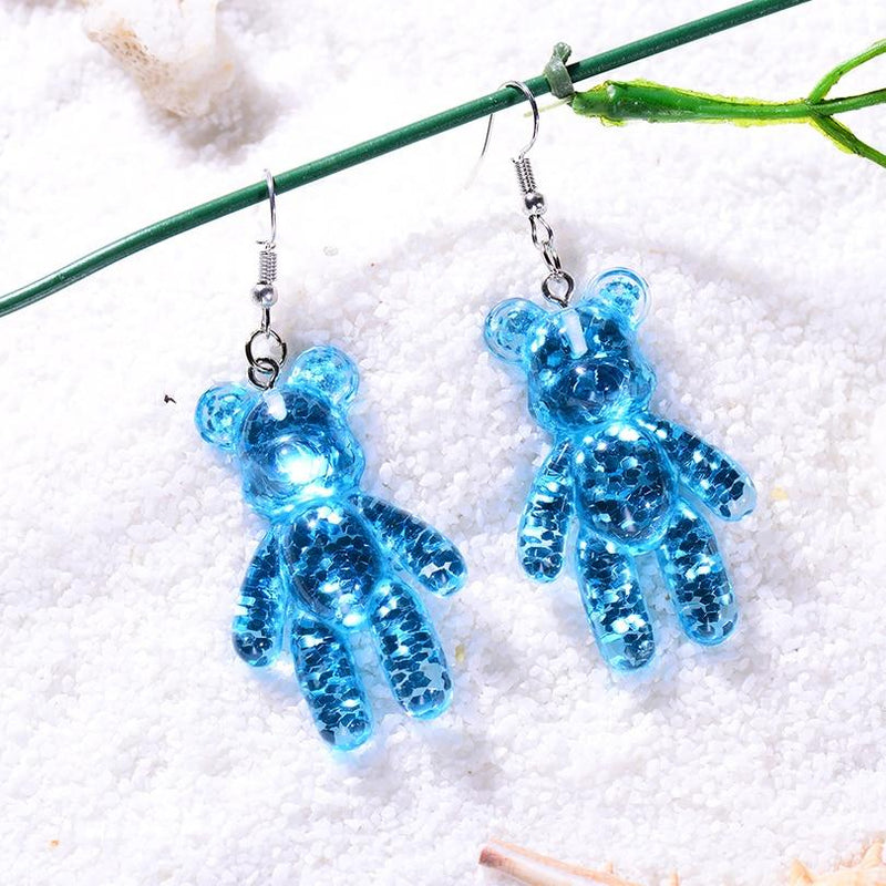Blue Glitter Resin Bear Dangle Earrings Shimmer Fairy Kei Decora Japan Fashion Kawaii Jewelry