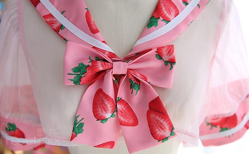 Sweet Strawberry Lingerie School Girl Outfit Cosplay Sexy Pleated Skirt & See Through Top 