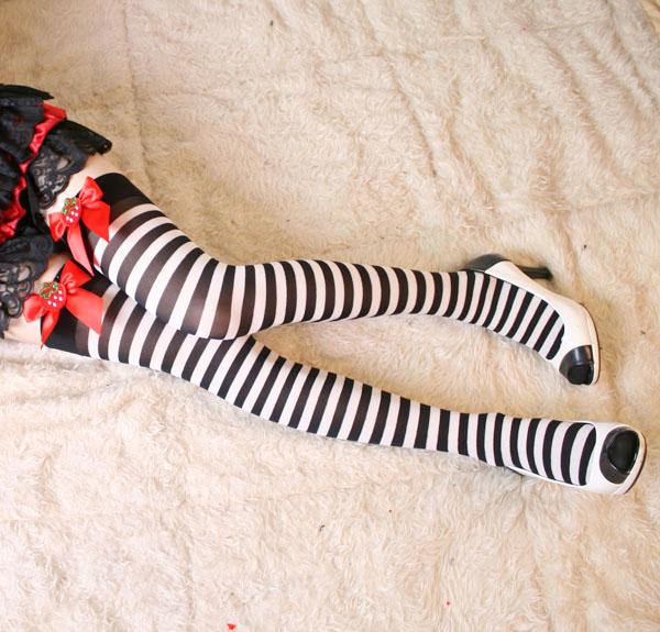Kawaii Strawberry Stockings Striped Socks Knee High Thigh Highs 